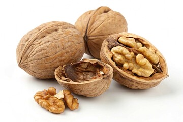 Three Walnuts One Open Showing Kernels Healthy Snack Food on white background