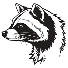 Raccoon head in stark black and white shows striking contrasts and simple details