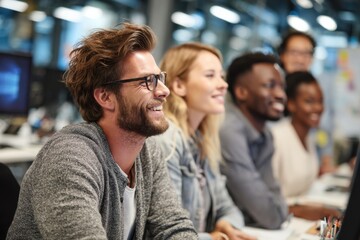 Obraz premium Happy Programmers Engaged in a Meeting With Their CEO in a Modern Office Setting