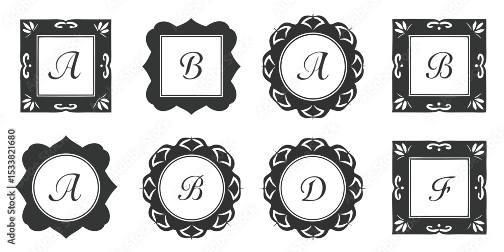 Poster assorted decorative frames with letters a b d and f in elegant black and white designs displayed nea