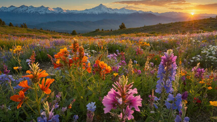 Colorful Wildflower Field with Snow-Capped Mountains at Sunset