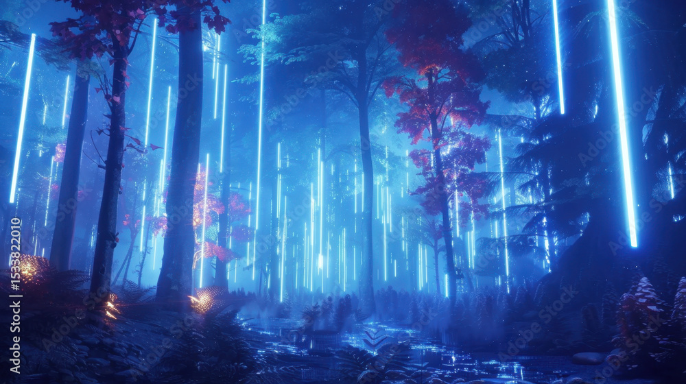 Poster mesmerizing digital forest illuminated by vertical light bars, creating surreal atmosphere with vibr