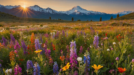 Colorful Wildflower Field with Snow-Capped Mountains at Sunset