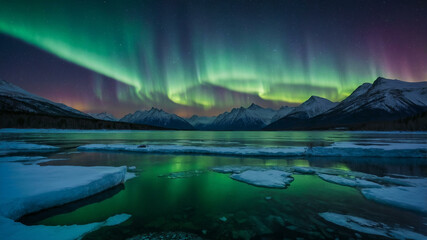 Aurora Borealis Over Frozen Lake and Snowy Mountains in Winter Night