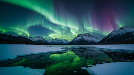 Aurora Borealis Over Frozen Lake and Snowy Mountains in Winter Night