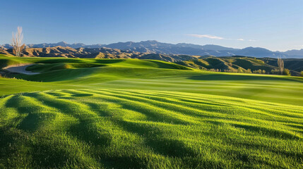 Vibrant green grass stretches across rolling hills under clear blue sky, with distant mountains creating stunning backdrop. scene evokes tranquility and natural beauty