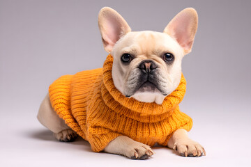 A cute French bulldog lies comfortably, showcasing its soft orange sweater while enjoying a quiet indoor moment