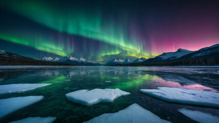 Aurora Borealis Over Frozen Lake and Snowy Mountains in Winter Night