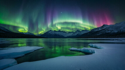 Aurora Borealis Over Frozen Lake and Snowy Mountains in Winter Night