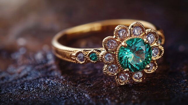 Jewelry with gemstones luxury gold ring with Chrysolite on a dark brown background