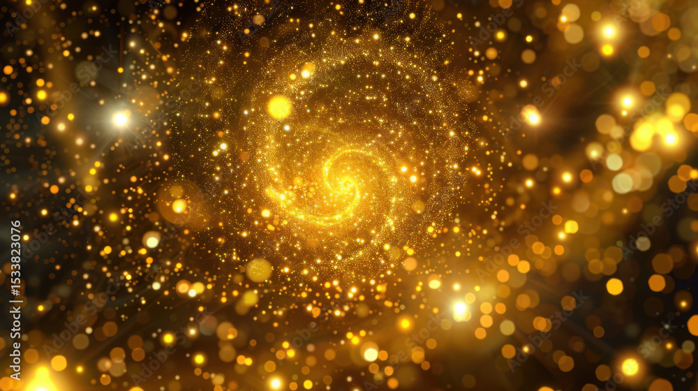 Poster mesmerizing vortex of glowing particles swirls in deep golden hue, creating captivating cosmic scene