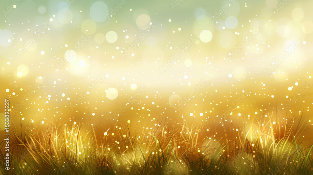 Poster warm golden bokeh lights float upward in soft glow, creating dreamy atmosphere over field of grass. 