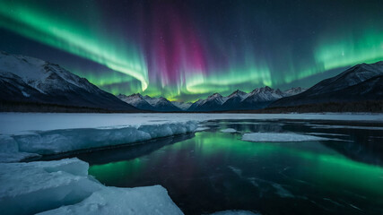 Aurora Borealis Over Frozen Lake and Snowy Mountains in Winter Night