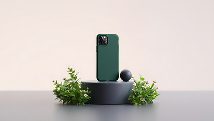 Green phone case on a pedestal with plants and a sphere object