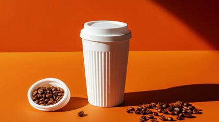 White coffee tumbler with coffee beans on an orange background.