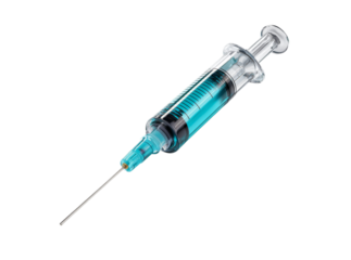 Medical syringe filled with teal liquid isolated on black, Isolated On Transparent Background