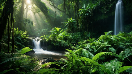 Lush Rainforest Waterfall with Sun Rays and Mist