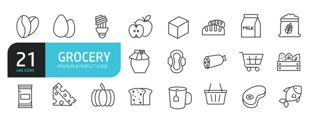 Set of line icons related to grocery, food, supermarket, shop. Outline icons collection. Editable stroke. Vector illustration