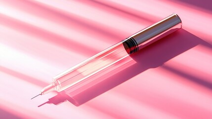 A pink syringe lies on a pink surface, highlighting the medical tool's clear glass and metallic parts.