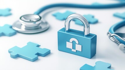 Medical security, healthcare data protection, secure patient records,  puzzle pieces, stethoscope, 