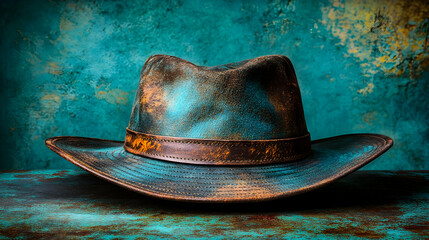 Distressed Turquoise Cowboy Hat on Teal Background -  Rustic Western Illustration