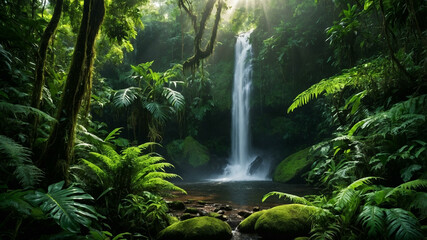 Lush Rainforest Waterfall with Sun Rays and Mist