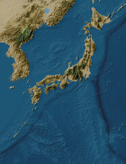 Northeast Asia map of land and ocean floor terrain with blended colors and satellite imagery (Japanese archipelago, korean peninsula, Sea of Japan, EQDC projection)