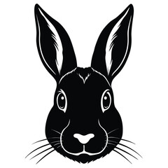 Isolated black rabbit face stares forward with pointed ears and delicate whiskers shown