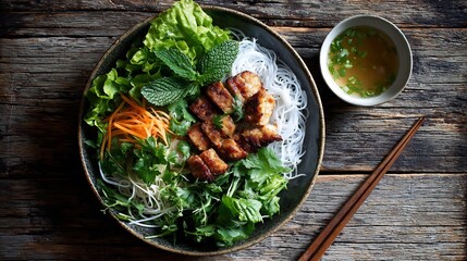 Vietnamese bun thit nuong grilled pork vermicelli noodles fresh greens and nuoc cham dipping sauce natural light top down shot