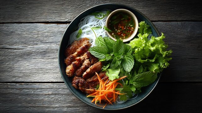 Vietnamese bun thit nuong grilled pork vermicelli noodles fresh greens and nuoc cham dipping sauce natural light top down shot