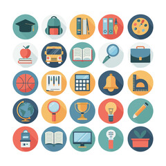 A colorful collection of school icons representing education learning and academic concepts