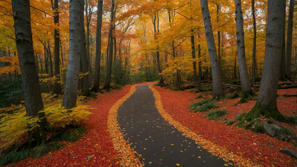 Winding Autumn Forest Path with Vibrant Fall Foliage