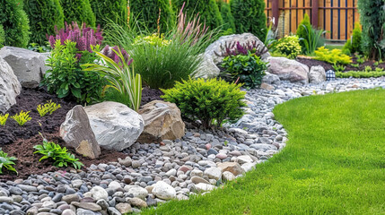 Obraz premium Beautifully designed Zen inspired front garden featuring smooth rocks, vibrant green plants, and colorful flowers creates serene and inviting atmosphere. carefully arranged stones and lush