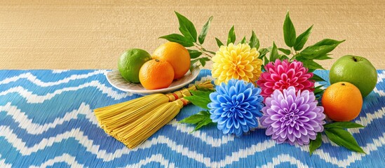 Serene Tanabata Decorations on Tatami Mat with Summer Fruits - Japanese Tradition and Relaxation Concept with Copy Space