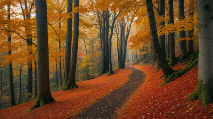 Winding Autumn Forest Path with Vibrant Fall Foliage
