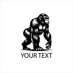 Obraz premium Vector logo of full body chimpanzee in bold black line art, walking pose, wild animal design, isolated on white background
