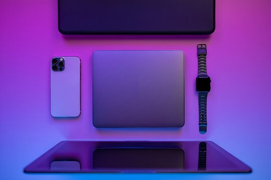 Modern tech devices on purple gradient background