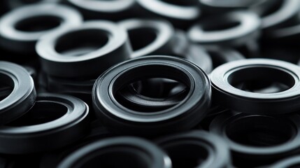 Close-up view of many dark gray or black circular rubber or plastic seals, gaskets, or o-rings stacked tightly together.