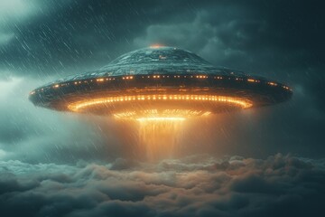 Obraz premium A massive unidentified flying object emerges from storm clouds UFO lights piercing through the darkness
