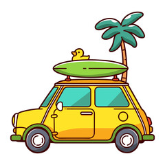 Yellow car ready for a summer trip to beach with surfboard, duck and palm tree. Vacation travel, road trip, adventure.