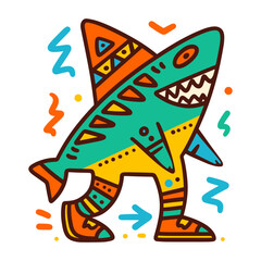 Shark in sneakers with tribal ornament and geometric patterns. Abstract. Cartoon aquatic animal, fish. Graphic design element for children's product or game.