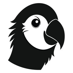Monochrome illustration shows a cute bird face with simple, stylized shapes and bold outlines