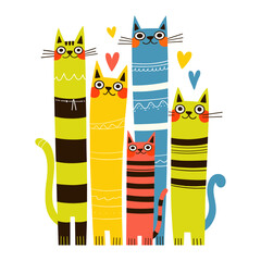 Group of colorful striped cats standing together. Animal family of kittens with hearts. Funny pet illustration in cartoon doodle style for Cat Day, Valentine's Day, cards, cat products.