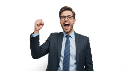 A happy businessman in suit shouting with the fist raised isolated on transparent background. Winner concept.