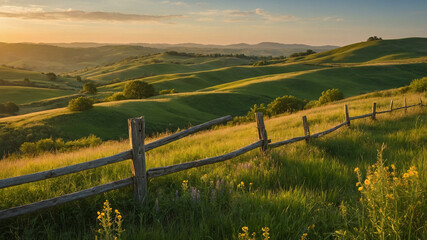 Rolling Green Hills Bathed in Golden Hour Sunlight with Wildflowers