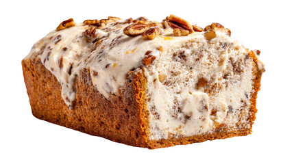 Delicious loaf cake with nuts and creamy frosting on top. transparent background