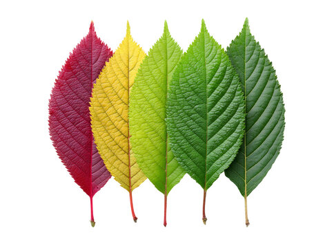 Five vibrant leaves showcasing autumnal color transitions, Isolated On Transparent Background