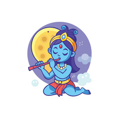 Naklejka premium Adorable little krishna playing flute under moon