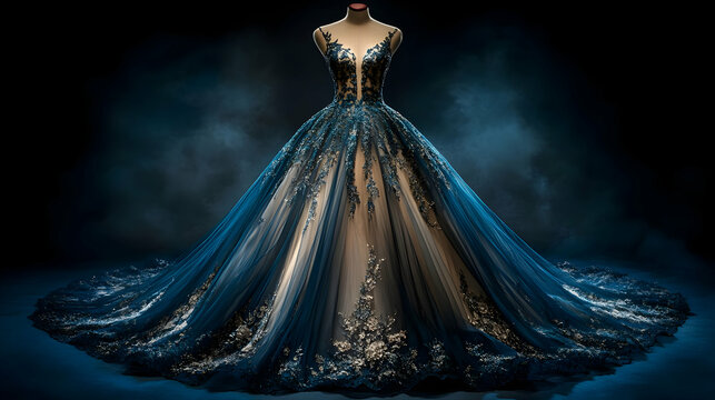 Elegant Teal and Gold Ball Gown Dress Fashion Illustration