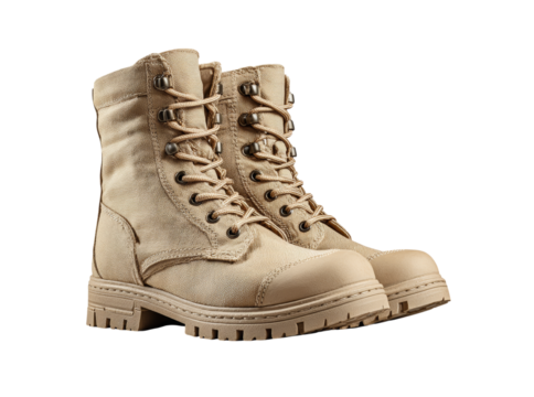 Beige canvas military boots isolated on black background, Isolated On Transparent Background